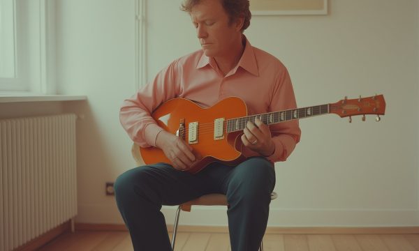 Man Playing Guitar in Minimalist Room